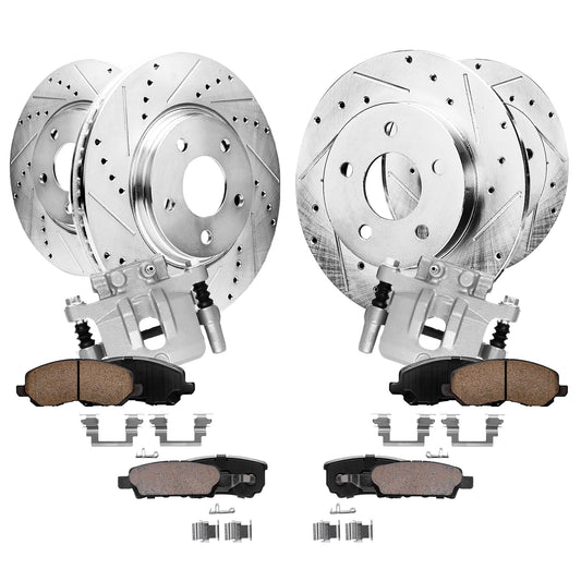 Detroit Axle - Front and Rear Drilled Rotors Brake Pads Calipers w/Bracket Replacement for Chrysler 200 Sebring Dodge Avenger Ca